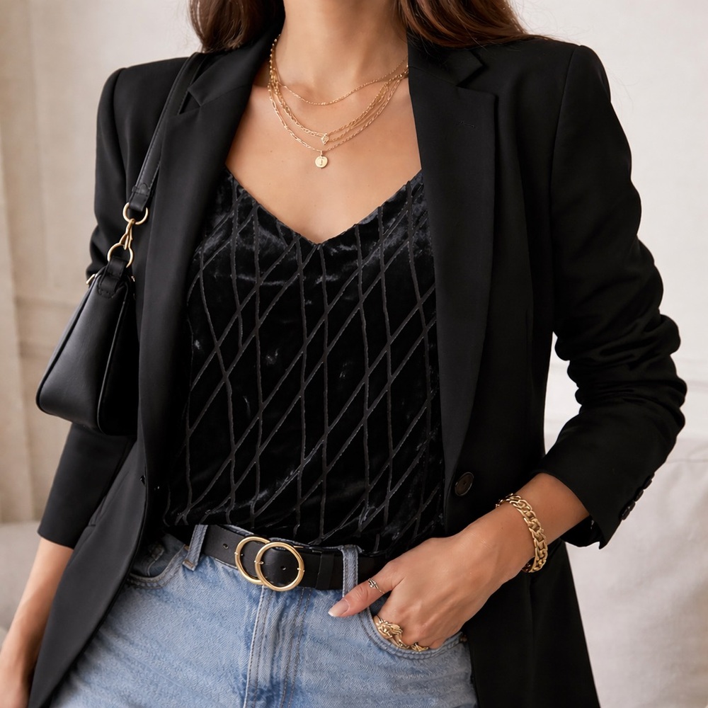 Ann Taylor Black Velvet Diamond-Texture Tank Size M Elegant Layering Top - Picture 9 of 9